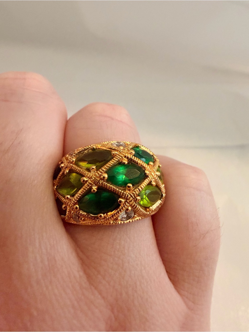 Vintage Gold-Tone Green Gemstone Lattice Cocktail Ring